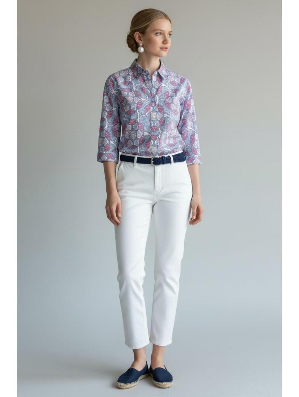 Talbots Pink & Blue Garden Medallion Blouse 100% Cotton 3/4 Sleeve, Size PL